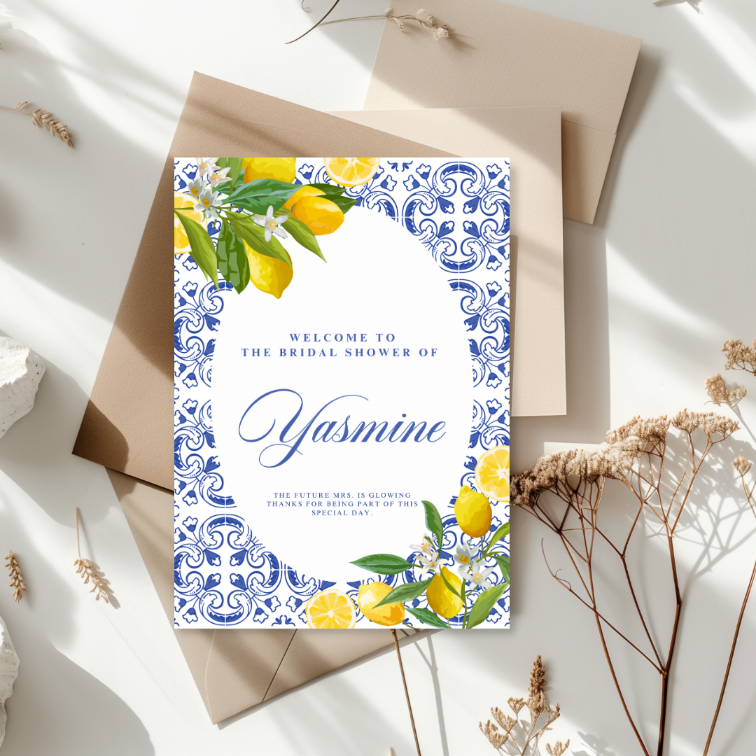 Tafelkaart voor bridal shower met amalfi blauw ovaal ontwerp