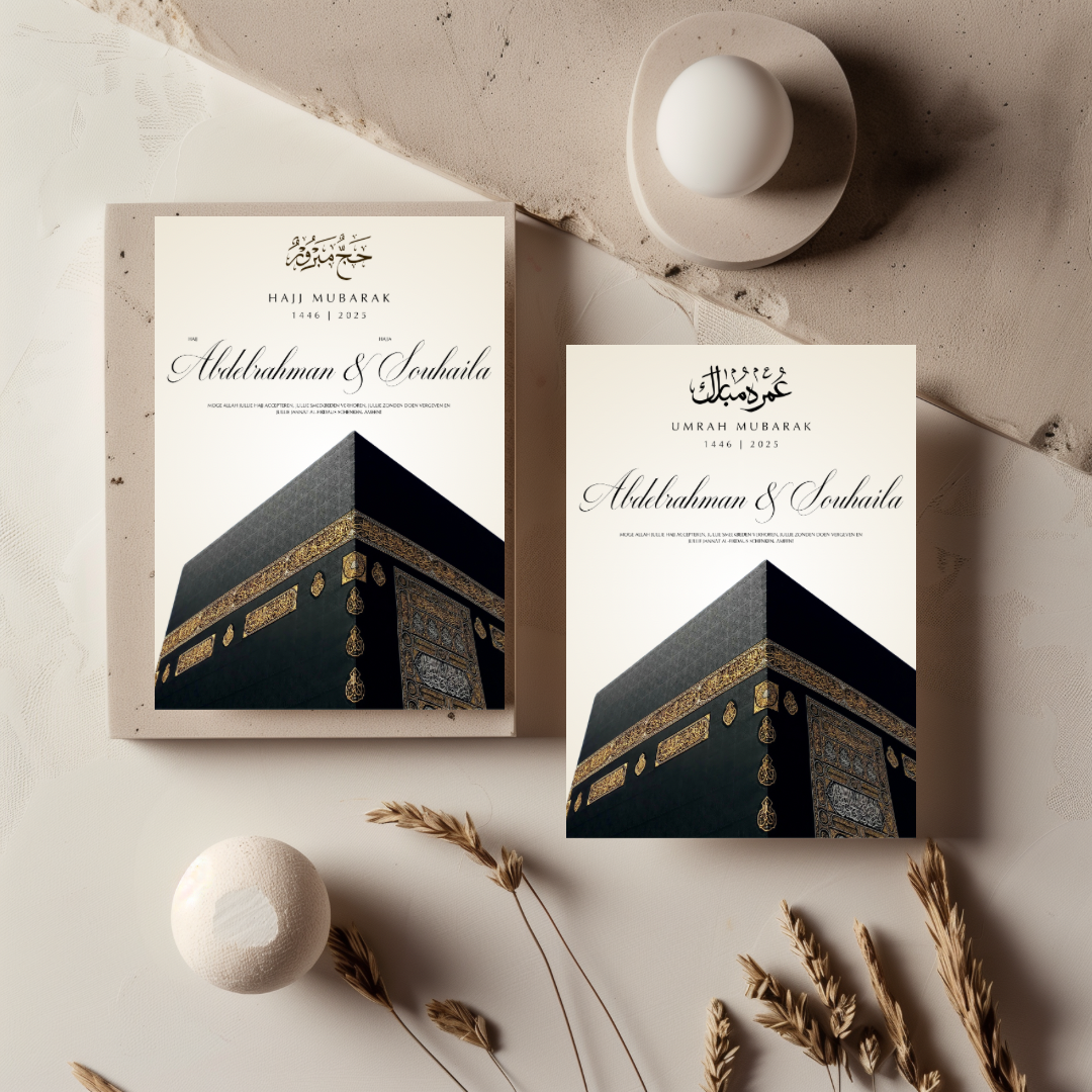 Tafelkaart voor hajj / umrah met kaaba (matching) ontwerp