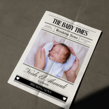 Personalized Baby Times newspaper birth announcement with baby's name Noah El Ahmadi and newborn photo