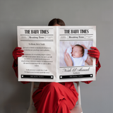 Personalized Baby Times newspaper birth announcement with baby's name Noah El Ahmadi and newborn photo