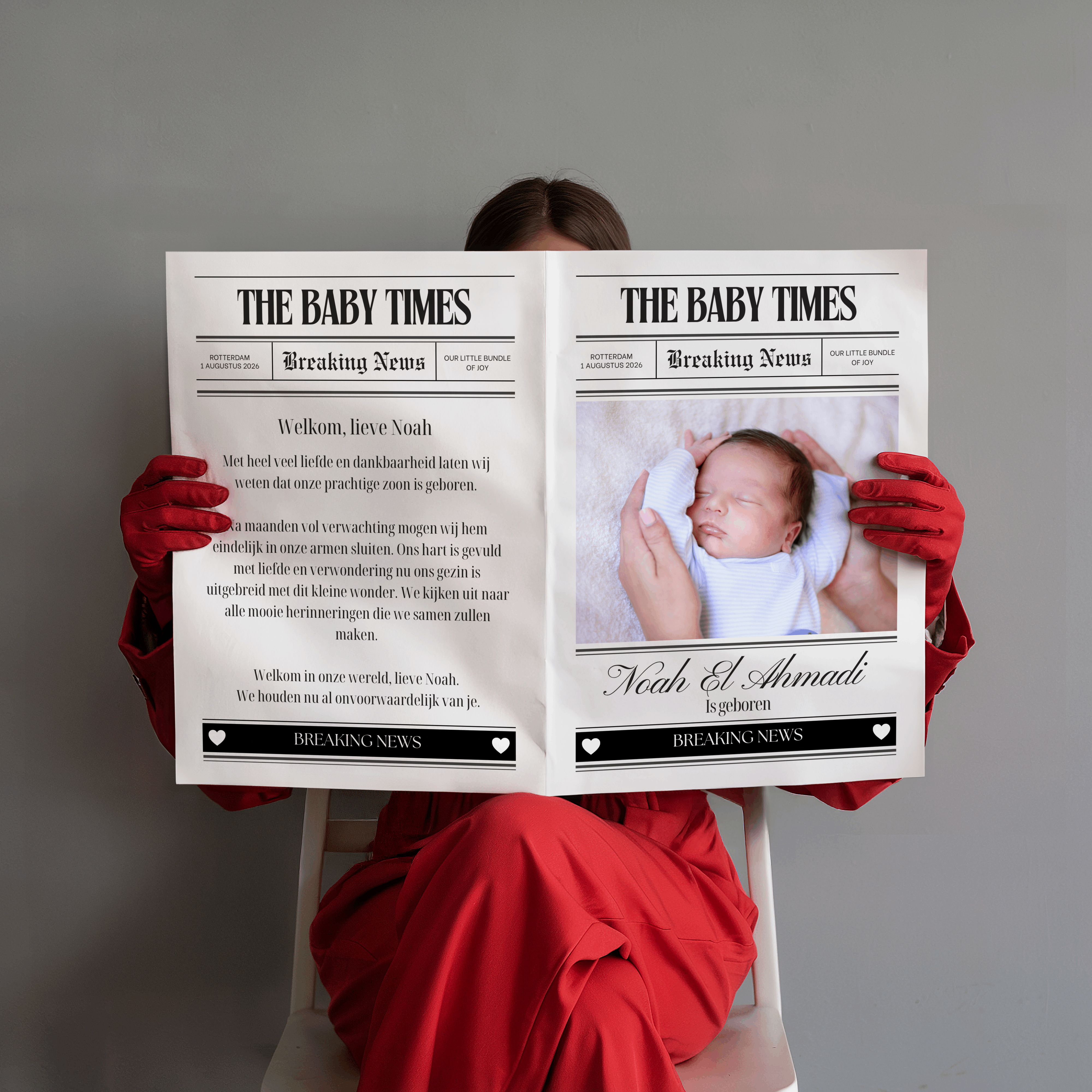 Personalized Baby Times newspaper birth announcement with baby's name Noah El Ahmadi and newborn photo