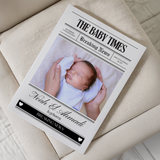 Personalized Baby Times newspaper birth announcement with baby's name Noah El Ahmadi and newborn photo