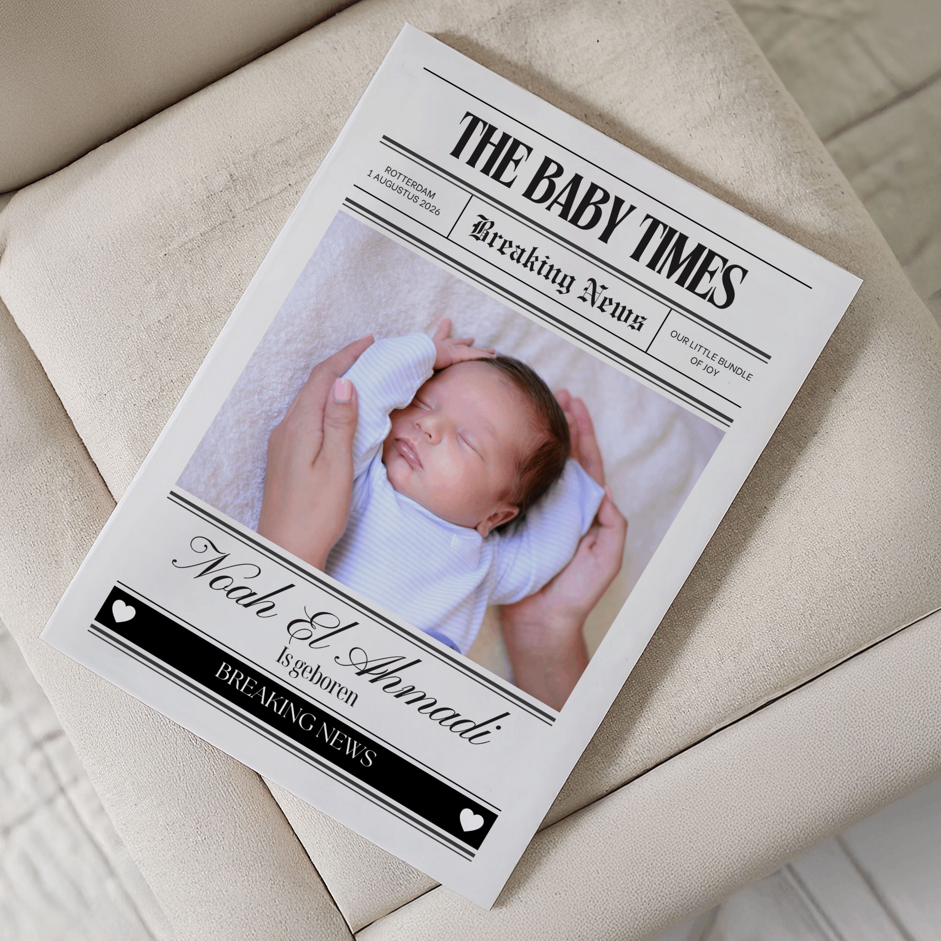 Personalized Baby Times newspaper birth announcement with baby's name Noah El Ahmadi and newborn photo