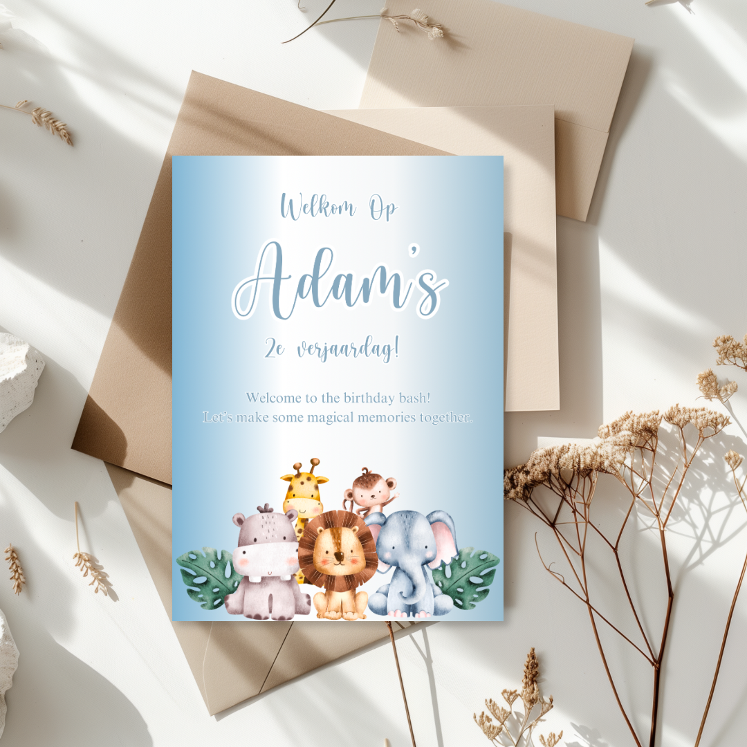 Tafelkaart voor verjaardag met jungle dieren blauw ontwerp