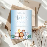 Tafelkaart voor verjaardag met jungle dieren blauw ontwerp