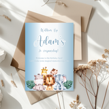 Tafelkaart voor verjaardag met jungle dieren blauw ontwerp