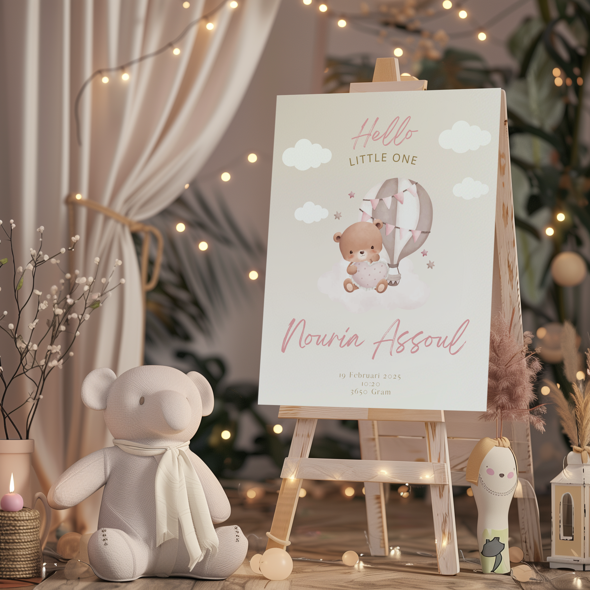 Welkomstbord voor geboorte met beige met roze beertje ontwerp