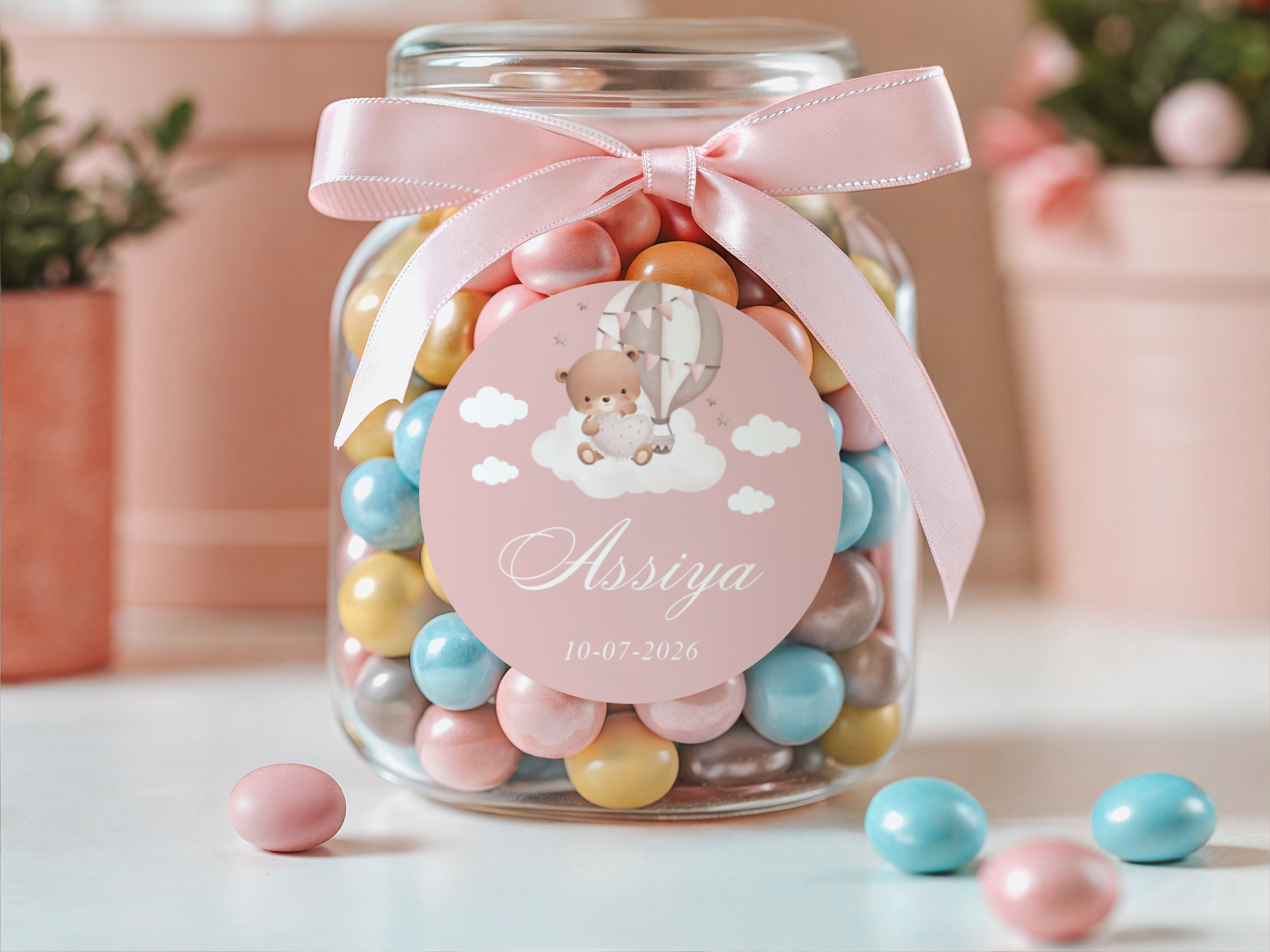 Assiya geboortesticker voor meisjes met teddybeer en luchtballon
