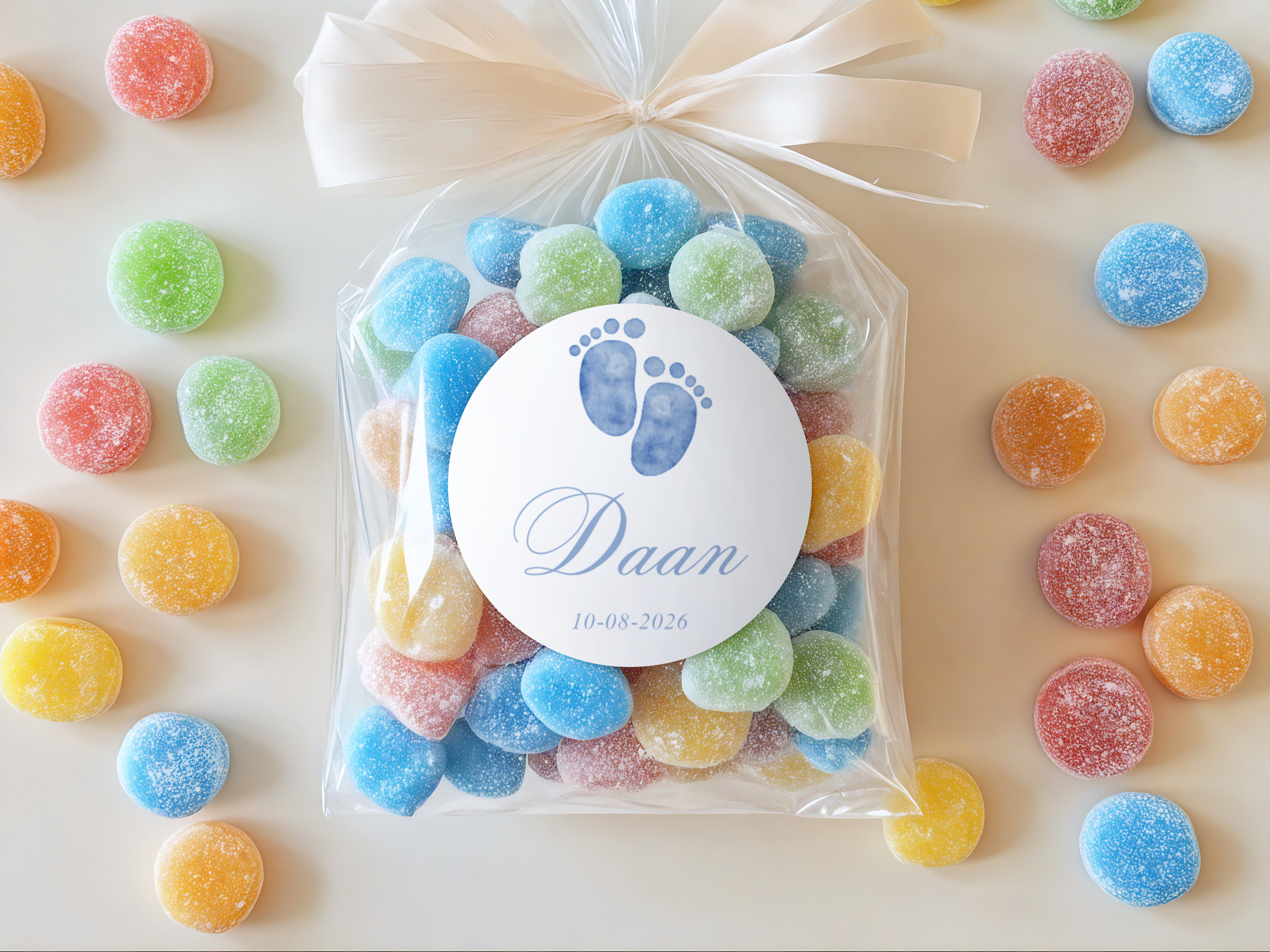 Ronde Daan geboortesticker voor doopsuiker, koekjes en bedankjes