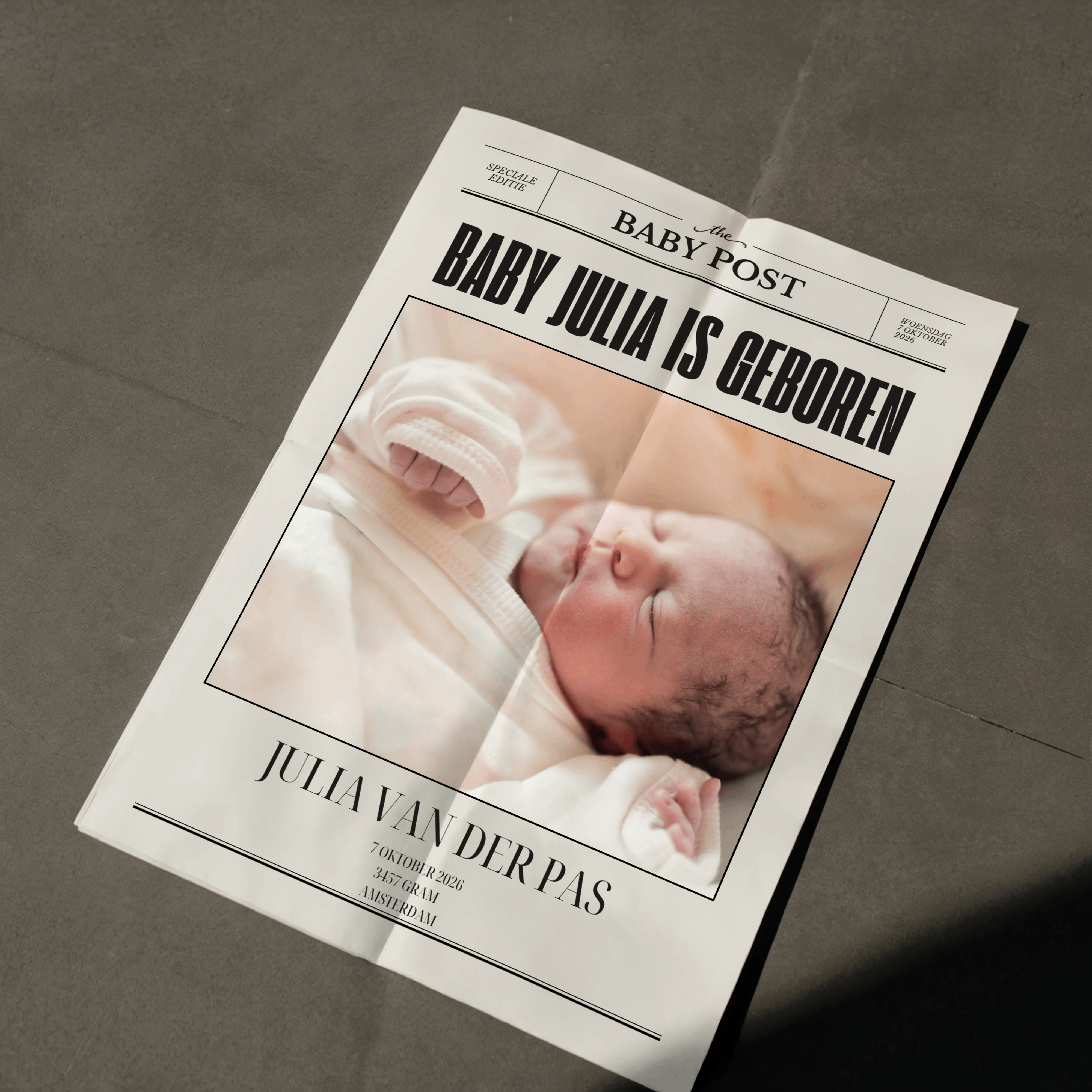 Personalized Baby Post newspaper birth announcement featuring baby Julia Van Der Pas with custom newborn photo, birth date, weight, and city