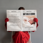Personalized Baby Post newspaper birth announcement featuring baby Julia Van Der Pas with custom newborn photo, birth date, weight, and city