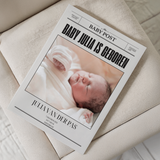Personalized Baby Post newspaper birth announcement featuring baby Julia Van Der Pas with custom newborn photo, birth date, weight, and city