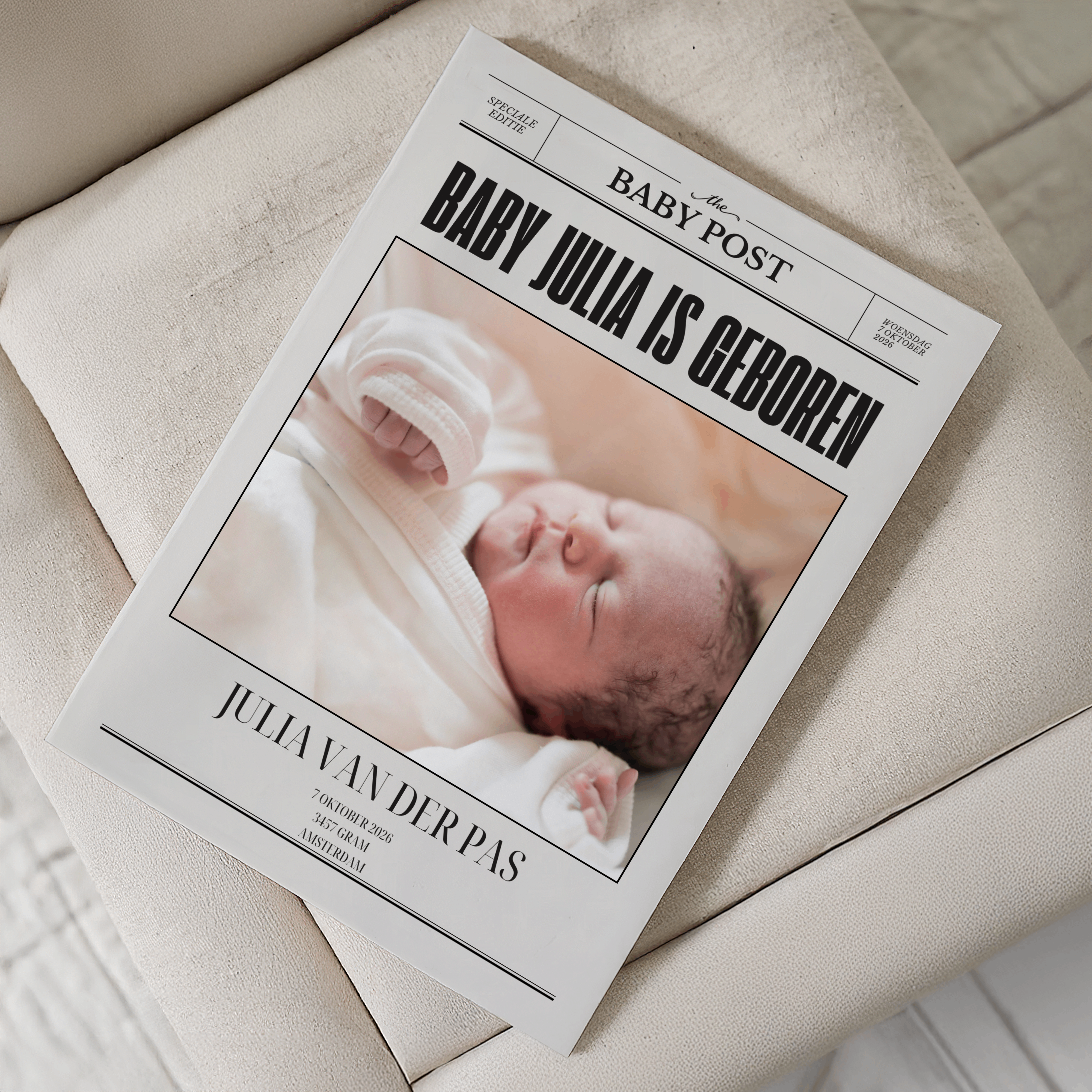Personalized Baby Post newspaper birth announcement featuring baby Julia Van Der Pas with custom newborn photo, birth date, weight, and city