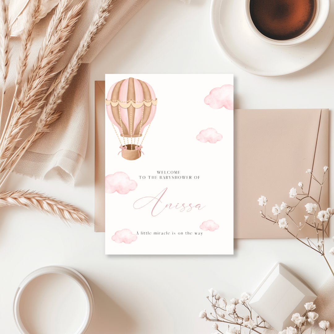 Kaart Babyshower - Roze Luchtballon met wolkjes