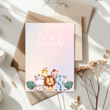 Tafelkaart voor verjaardag met jungle dieren pastel ontwerp