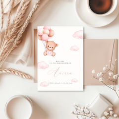 Tafelkaart voor babyshower met beertje met roze ballonnen ontwerp - Creations and More