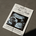 Gepersonaliseerde The Baby Post zwangerschapskrant met echofoto, uitgerekende datum en persoonlijke zwangerschapsaankondiging