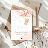 Kaart Babyshower - Teddybeer Met Roze Ballonnen