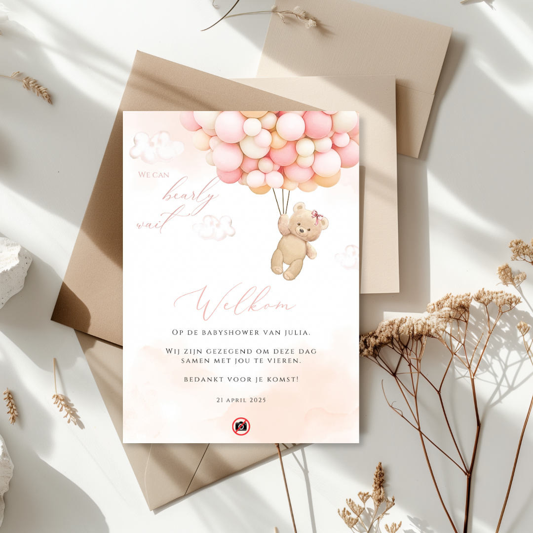 Tafelkaart voor babyshower met teddybeer met roze ballonnen ontwerp