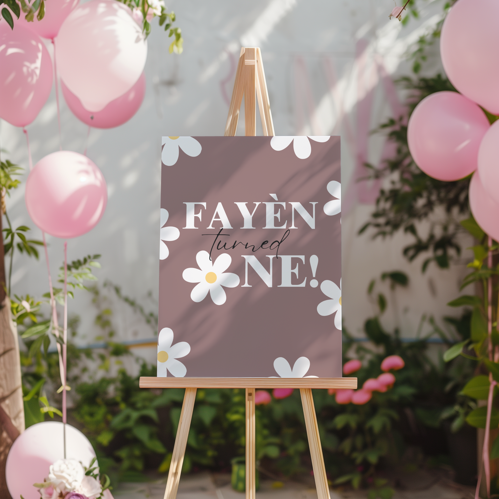 Welkomstbord voor verjaardag met madeliefjes 1 jaar dusty mauve ontwerp