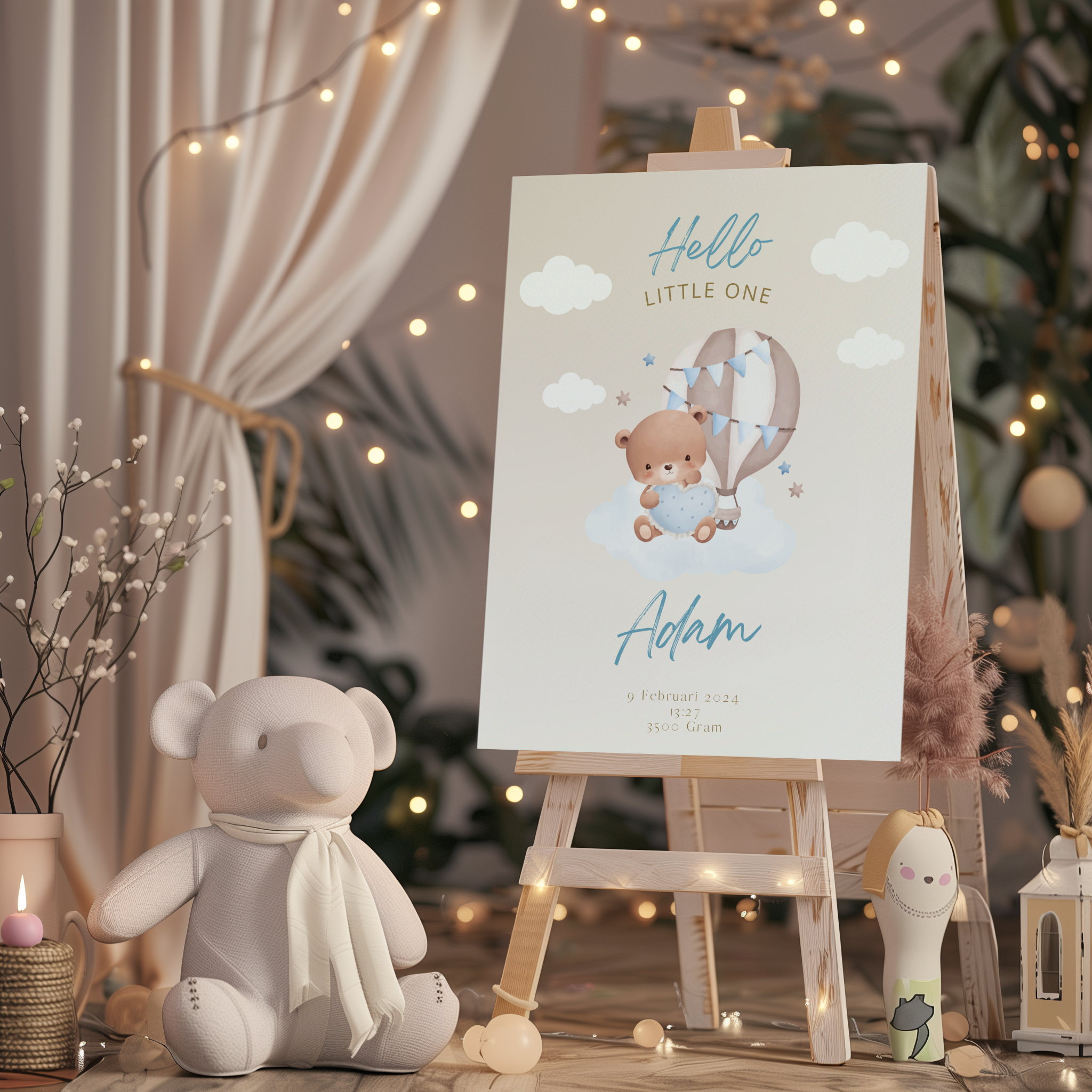 Welkomstbord voor geboorte met beige met blauw beertje ontwerp