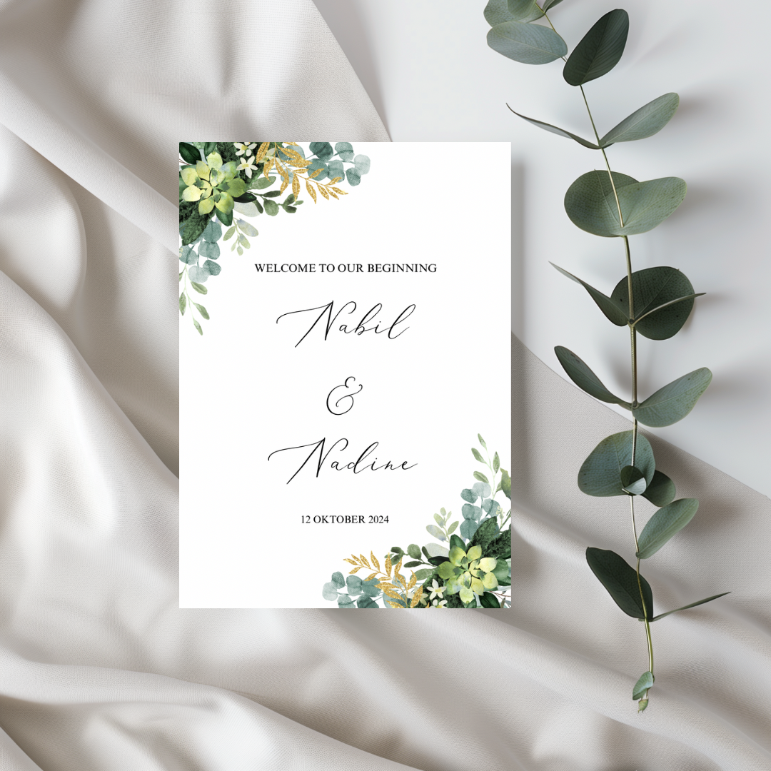 Tafelkaart voor bruiloft met groene bloemen ontwerp