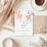 Tafelkaart voor gender reveal met beertjes met ballonnen ontwerp
