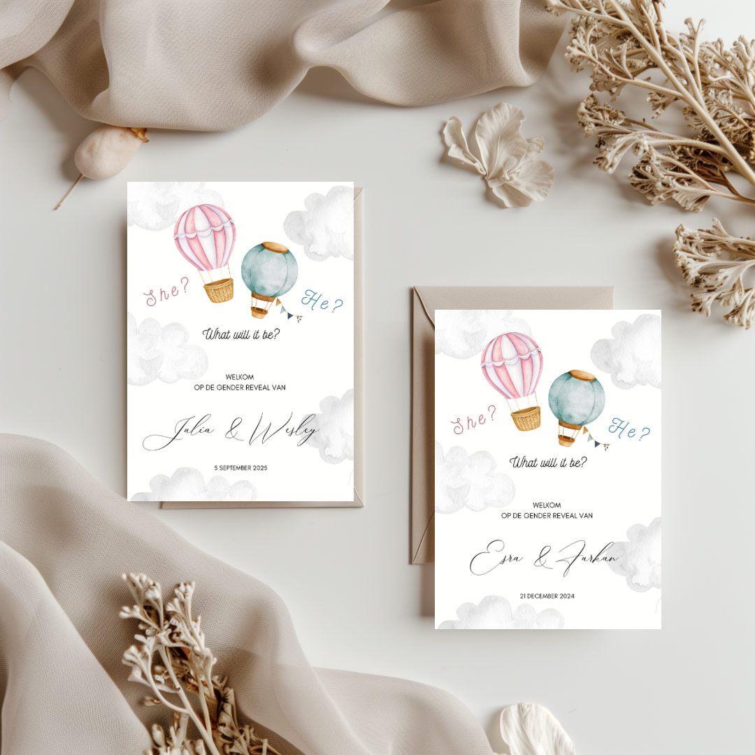 Tafelkaart voor gender reveal met luchtballonnen ontwerp
