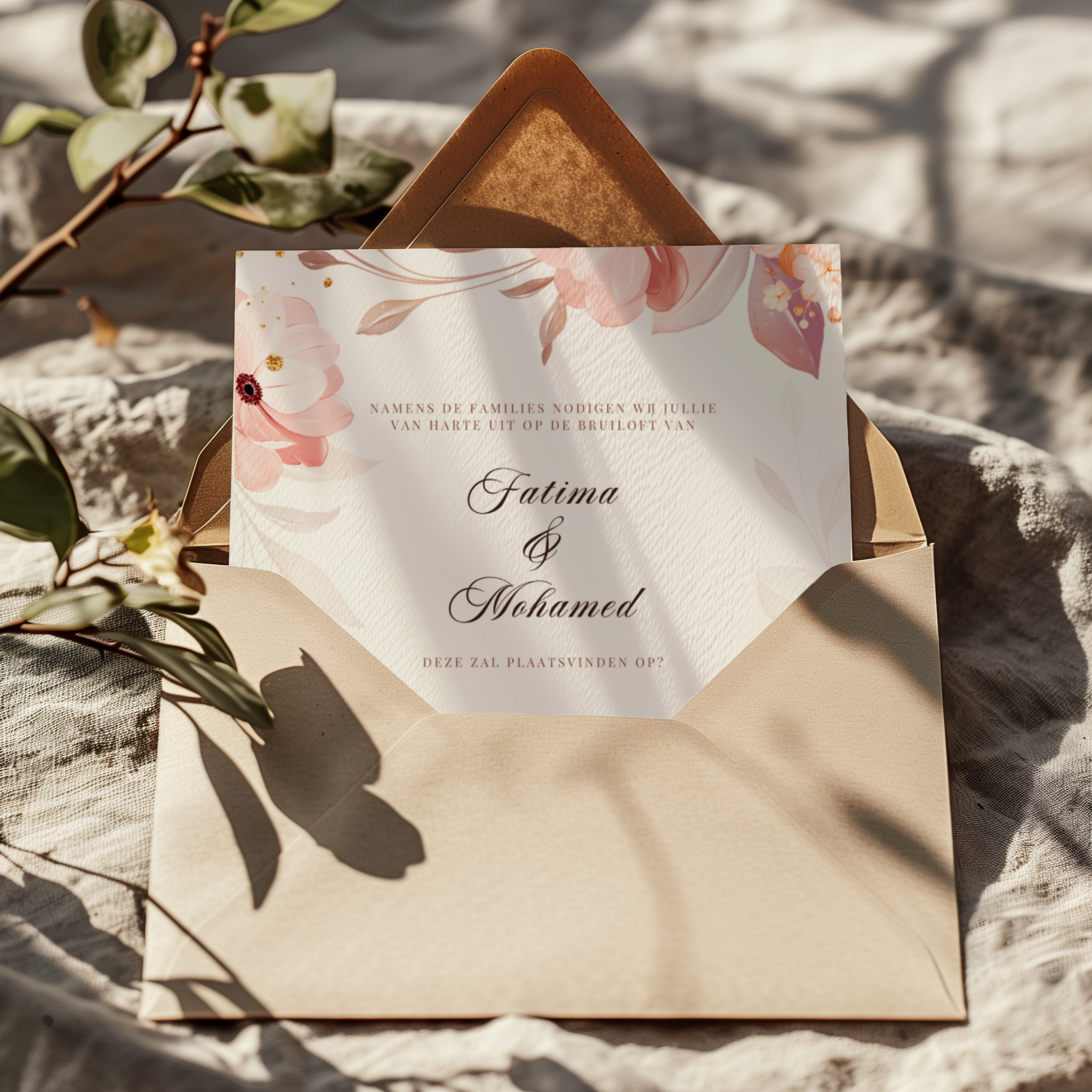 Uitnodiging Bruiloft - Roze bloemen