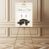Welkomstbord voor hajj / umrah met kaaba schilderij ontwerp