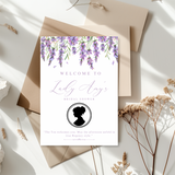 Tafelkaart voor bridal shower met bridgerton ontwerp