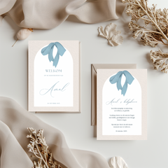 Tafelkaart voor babyshower met blauwe strik ontwerp - Creations and More