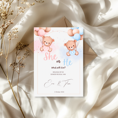 Tafelkaart voor gender reveal met beertjes met ballonnen ontwerp - Creations and More
