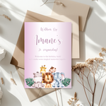 Tafelkaart voor verjaardag met jungle dieren paars ontwerp