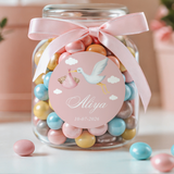 Aliya geboortesticker voor meisjes met ooievaar op snoeppot