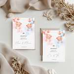 Tafelkaart voor gender reveal met beertjes met ballonnen ontwerp