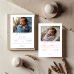 Tafelkaart voor geboorte met geboortekaartje met foto ontwerp