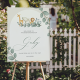 Welkomstbord voor babyshower met groene jungledieren ontwerp