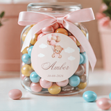 Gepersonaliseerde Amber geboortesticker voor meisjes met beertje en ballonnen