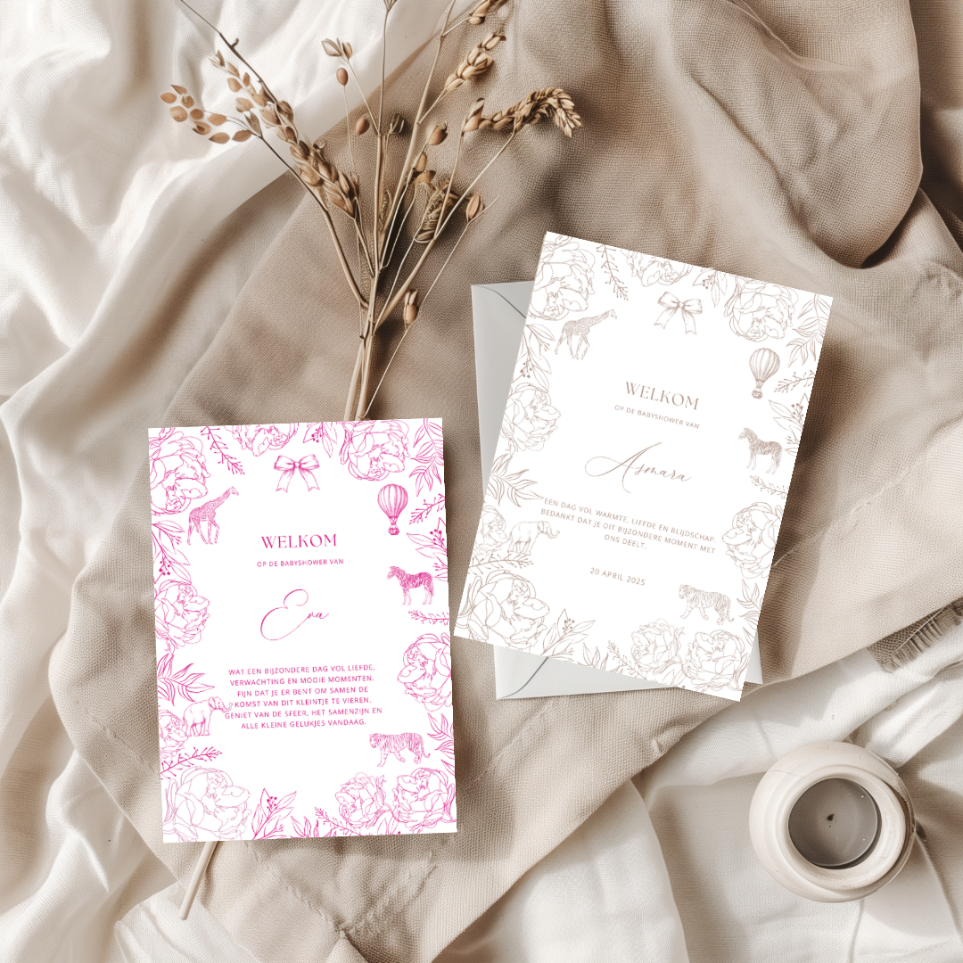 Tafelkaart voor babyshower met roze dieren ontwerp