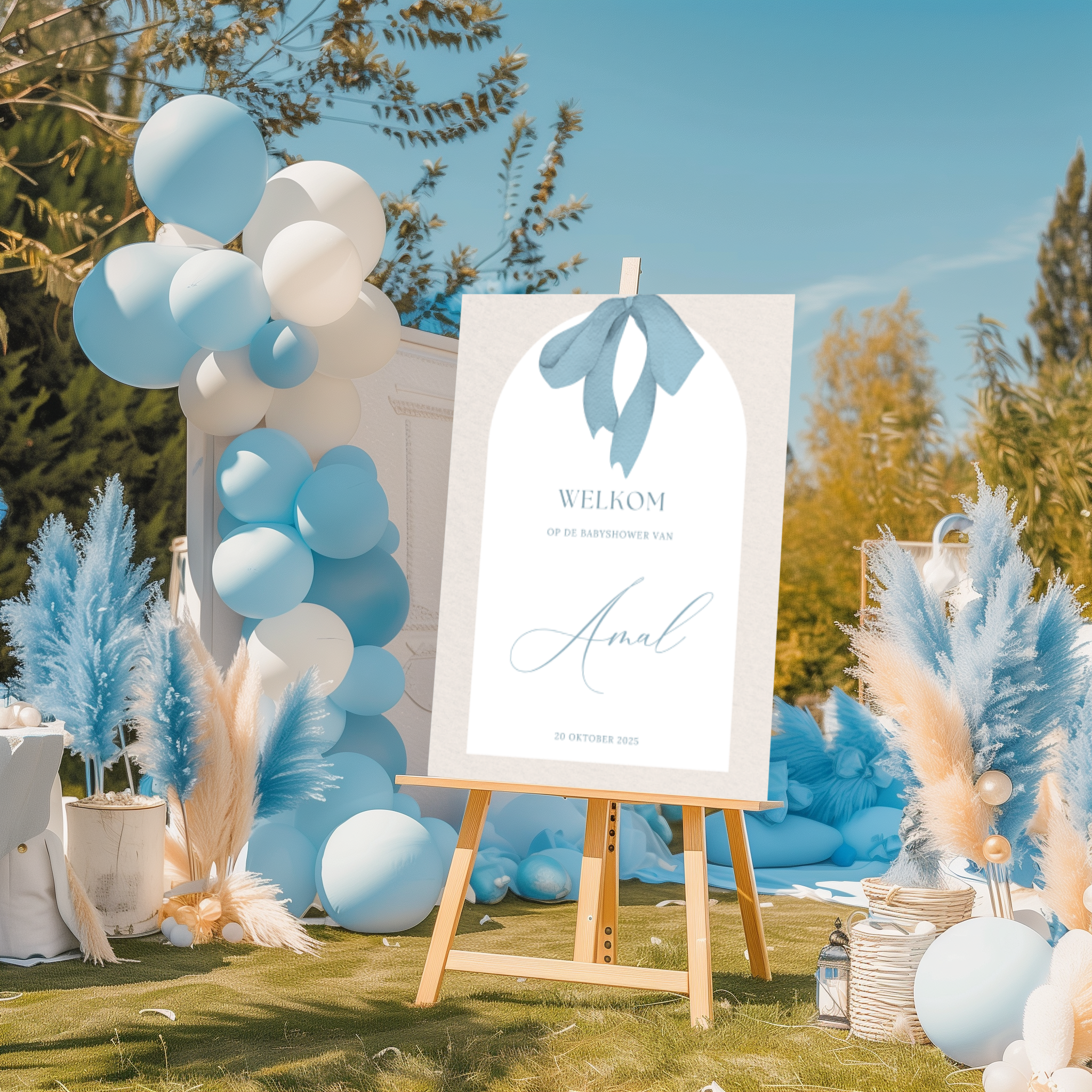 Welkomstbord voor babyshower met blauwe strik ontwerp
