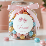Dilek geboortesticker voor meisjes met roze hartjes op snoeppot