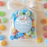 Thomas luchtballon geboortesticker met teddybeer op snoepzakje