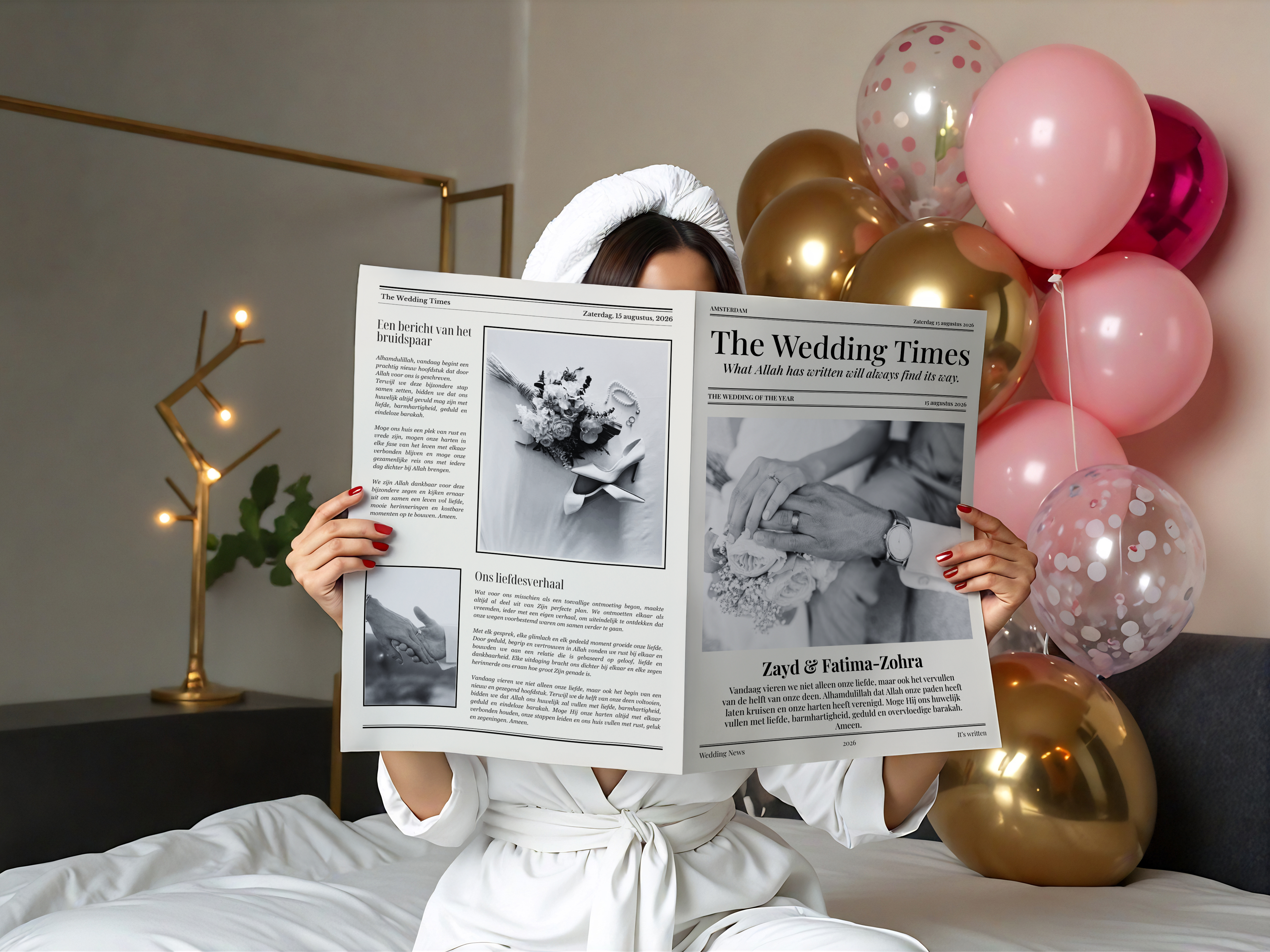 Islamitische The Wedding Times trouwkrant met zwart-wit trouwfoto