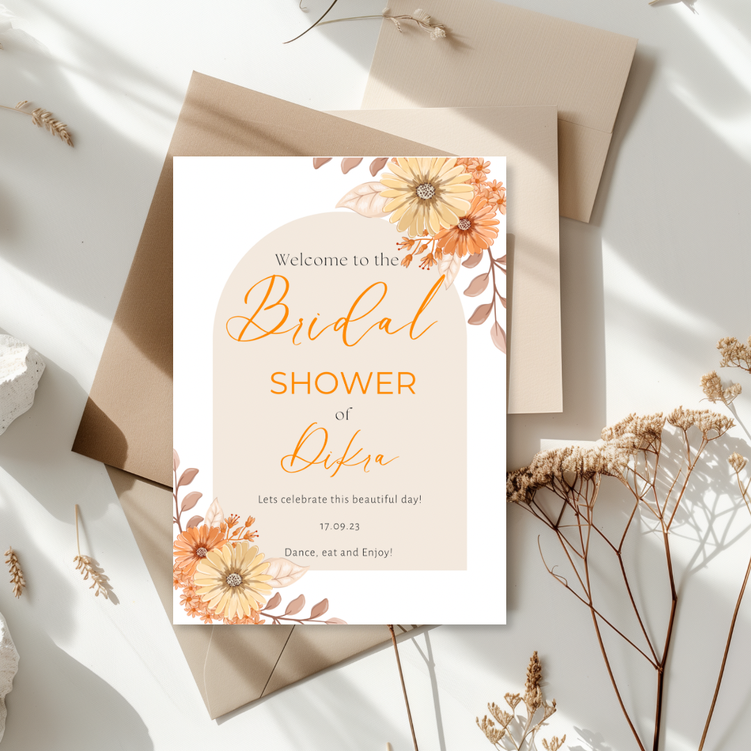 Tafelkaart voor bridal shower met beige boog met oranje bloemen ontwerp