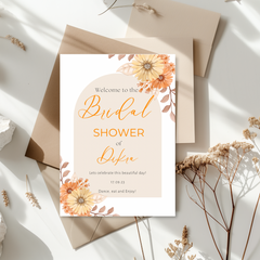Tafelkaart voor bridal shower met beige boog met oranje bloemen ontwerp - Creations and More