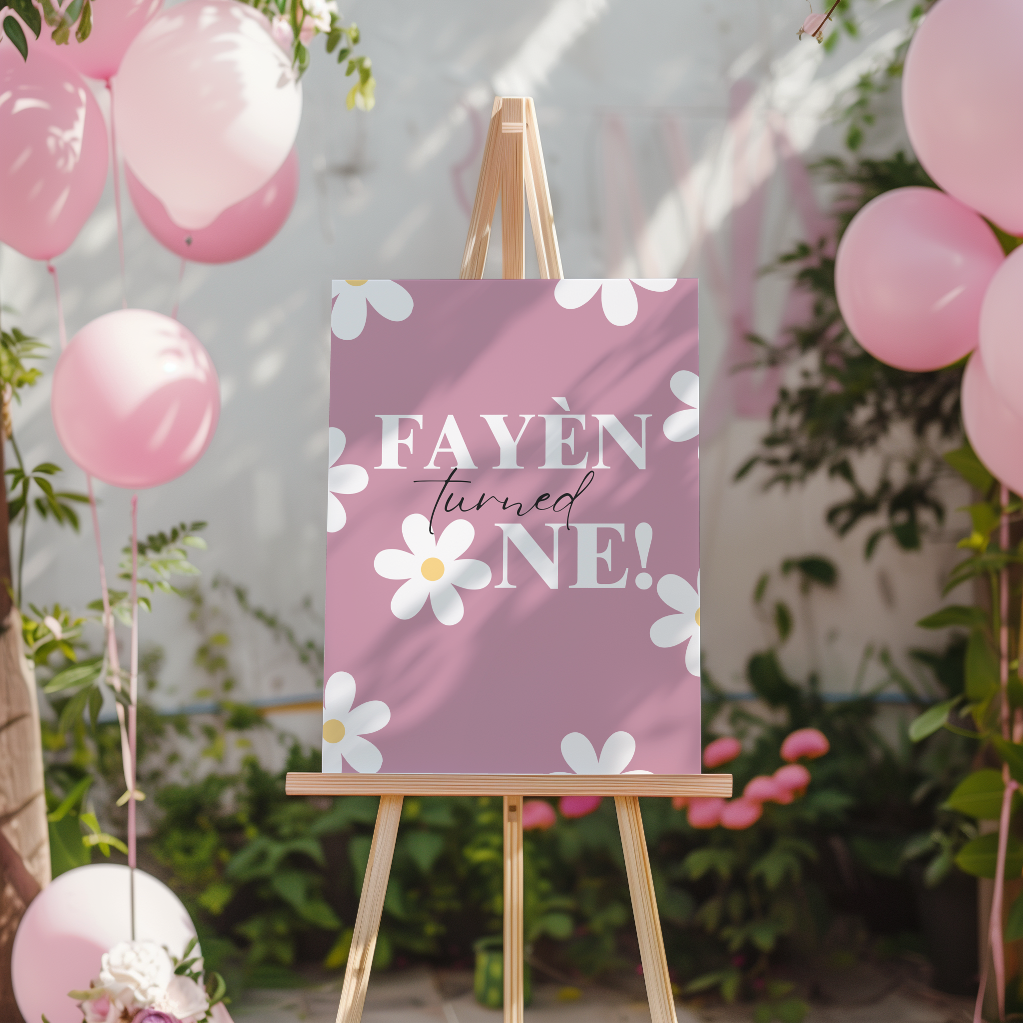 Welkomstbord voor verjaardag met madeliefjes 1 jaar roze ontwerp