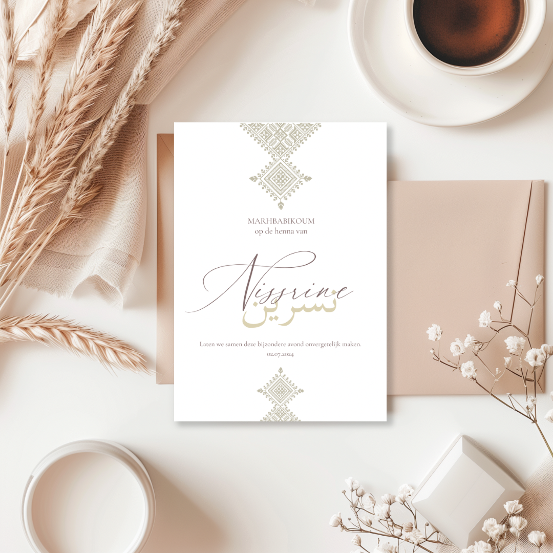 Tafelkaart voor henna met fessi goud met arabische naam marokkaans ontwerp