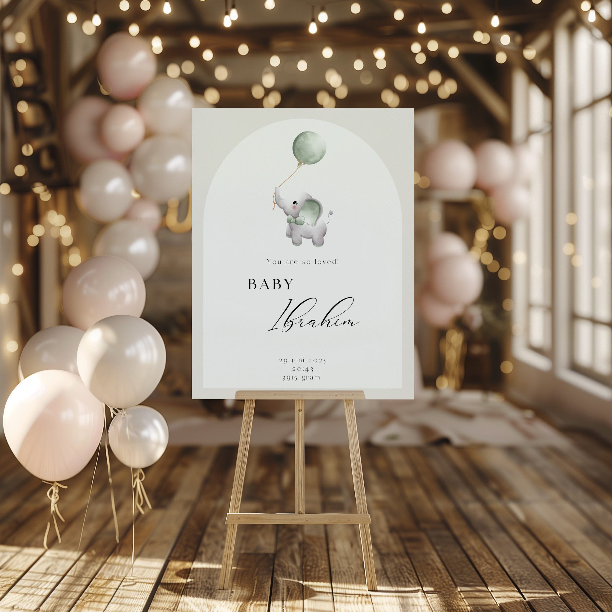 Welkomstbord voor geboorte met olifant met ballon beige ontwerp