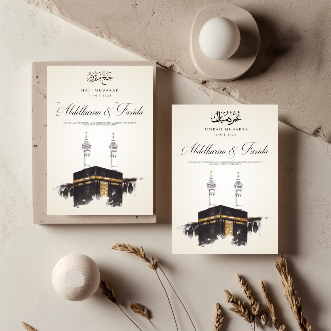 Tafelkaart voor hajj / umrah met schilderij (matching) ontwerp